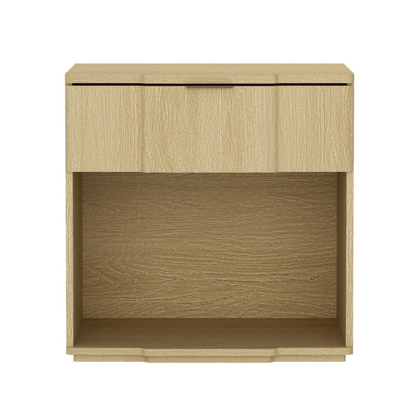 English Elm Nightstand Natural Oak Finish with Flush Metal Pull Drawer for Modern Bedroom Styling B365P504335