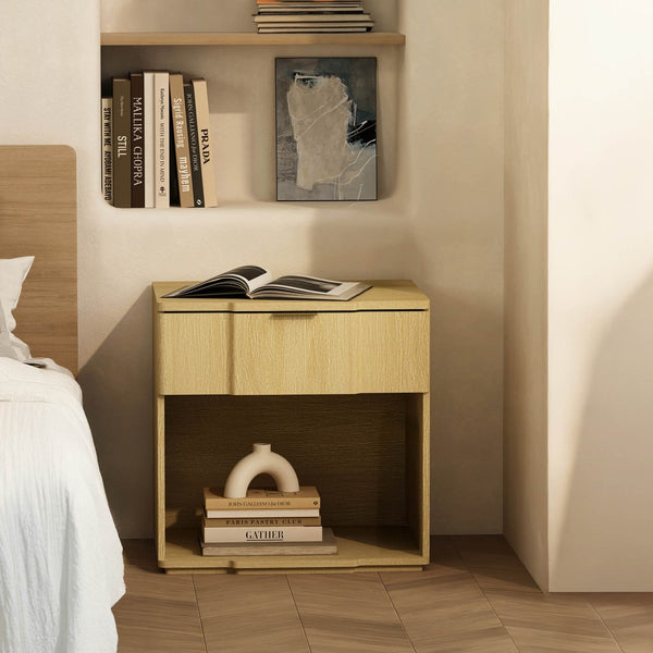 English Elm Nightstand Natural Oak Finish with Flush Metal Pull Drawer for Modern Bedroom Styling B365P504335