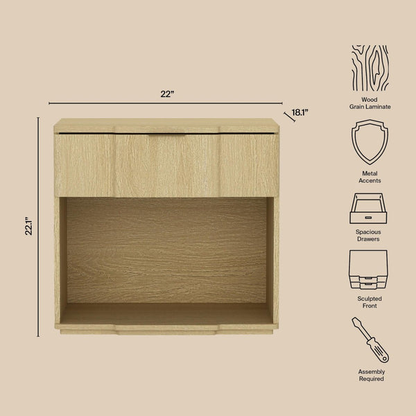 English Elm Nightstand Natural Oak Finish with Flush Metal Pull Drawer for Modern Bedroom Styling B365P504335