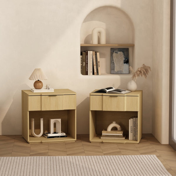 English Elm Nightstand Natural Oak Finish with Flush Metal Pull Drawer for Modern Bedroom Styling B365P504335