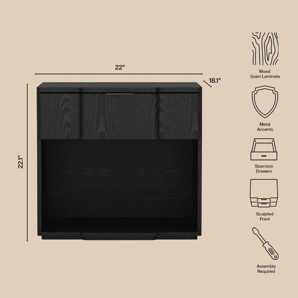 English Elm Nightstand Matte Black Modern Bedroom Accent with Flush Integrated Drawer Pull B365P504336