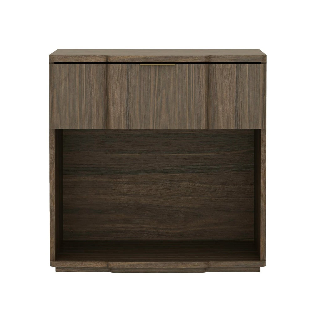 English Elm Nightstand Walnut Finish Single Drawer Mid Century Modern Bedroom Accent with Metal Pull B365P504337