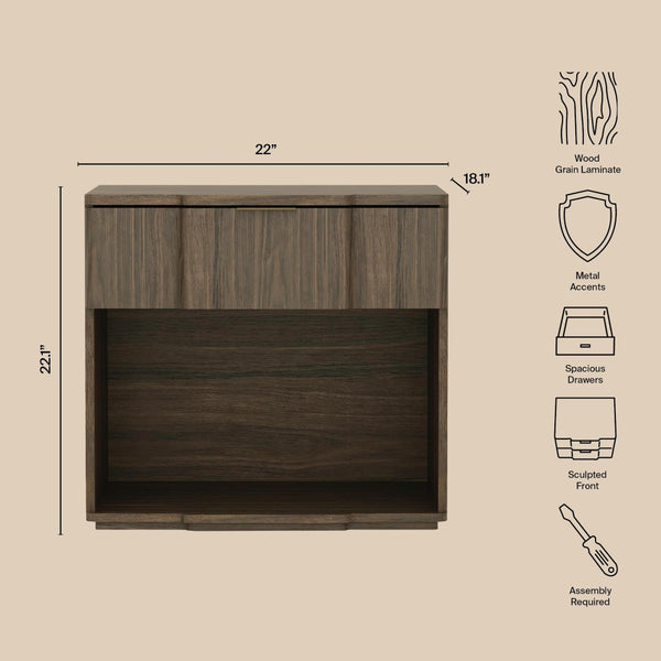 English Elm Nightstand Walnut Finish Single Drawer Mid Century Modern Bedroom Accent with Metal Pull B365P504337