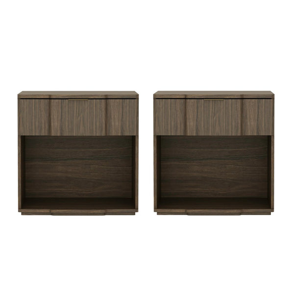 English Elm Nightstand Walnut Finish Single Drawer Mid Century Modern Bedroom Accent with Metal Pull B365P504337