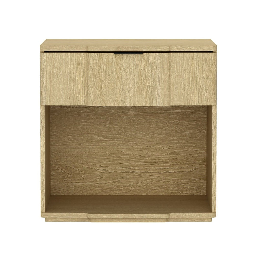 English Elm Nightstand Natural Oak Finish with Flush Metal Pull and Clean Scandinavian Bedroom Design B365P504338