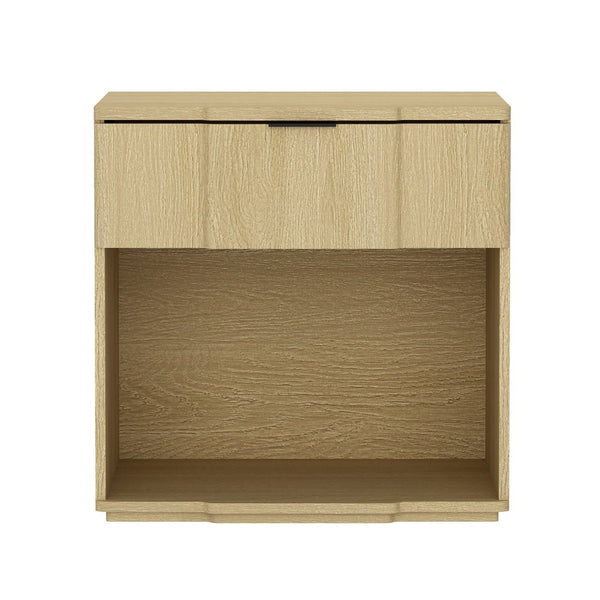 English Elm Nightstand Natural Oak Finish with Flush Metal Pull and Clean Scandinavian Bedroom Design B365P504338