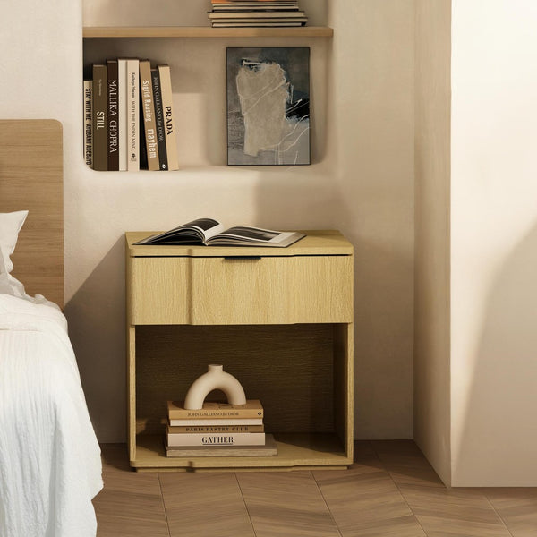 English Elm Nightstand Natural Oak Finish with Flush Metal Pull and Clean Scandinavian Bedroom Design B365P504338