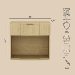 English Elm Nightstand Natural Oak Finish with Flush Metal Pull and Clean Scandinavian Bedroom Design B365P504338