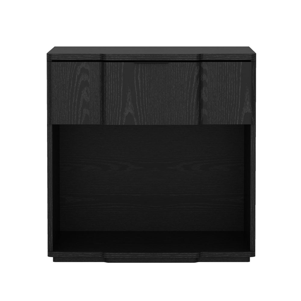 English Elm Nightstand Matte Black Single Drawer Modern Minimalist Bedroom Accent with Sleek Metal Pull B365P504339