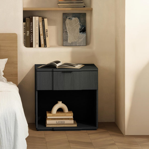 English Elm Nightstand Matte Black Single Drawer Modern Minimalist Bedroom Accent with Sleek Metal Pull B365P504339