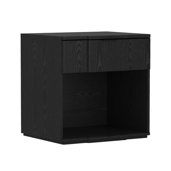 English Elm Nightstand Matte Black Single Drawer Modern Minimalist Bedroom Accent with Sleek Metal Pull B365P504339