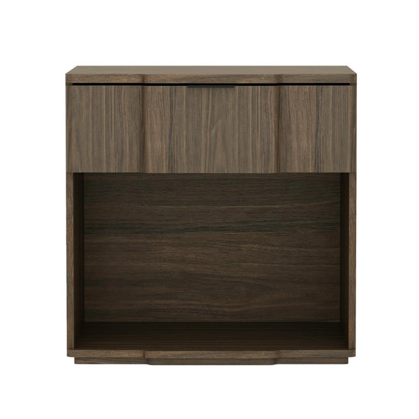 English Elm Nightstand Walnut Finish Single Drawer Mid-Century Bedroom Table with Integrated Metal Pull B365P504340