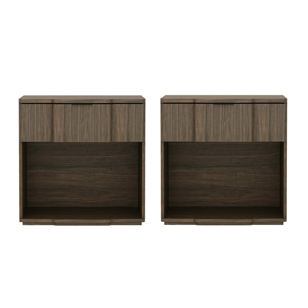 English Elm Nightstand Walnut Finish Single Drawer Mid-Century Bedroom Table with Integrated Metal Pull B365P504340