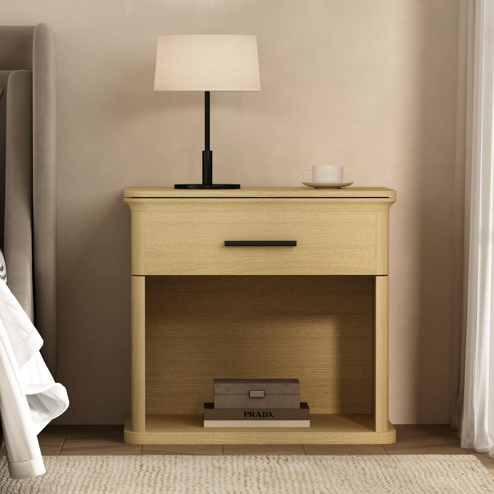 English Elm Nightstand with Open Shelf Single Drawer Modern Wood Grain Finish Bedroom Storage Oak B365P504341