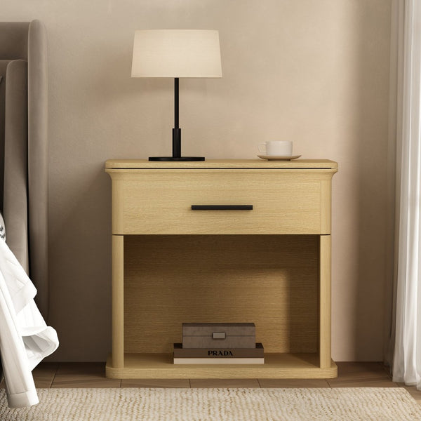 English Elm Nightstand with Open Shelf Single Drawer Modern Wood Grain Finish Bedroom Storage Oak B365P504341