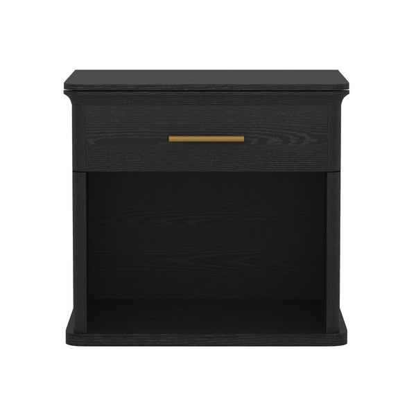 English Elm Nightstand with Open Shelf Single Drawer Modern Wood Grain Finish Bedroom Storage Black B365P504342