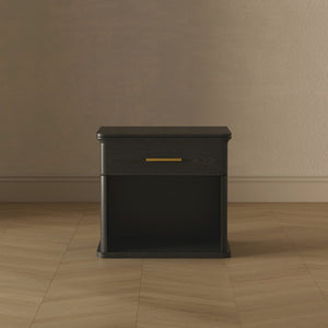 English Elm Nightstand with Open Shelf Single Drawer Modern Wood Grain Finish Bedroom Storage Black B365P504342