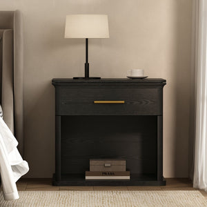 English Elm Nightstand with Open Shelf Single Drawer Modern Wood Grain Finish Bedroom Storage Black B365P504342