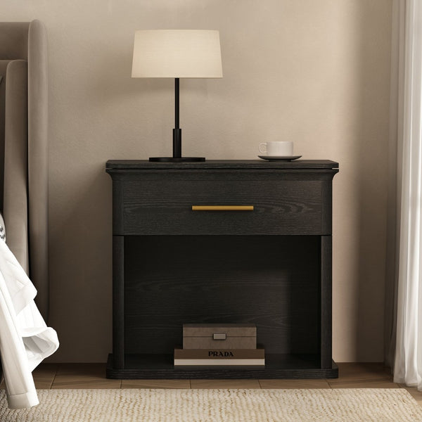 English Elm Nightstand with Open Shelf Single Drawer Modern Wood Grain Finish Bedroom Storage Black B365P504342