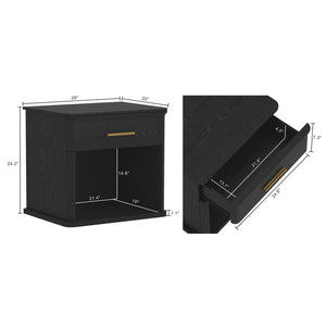 English Elm Nightstand with Open Shelf Single Drawer Modern Wood Grain Finish Bedroom Storage Black B365P504342