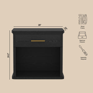 English Elm Nightstand with Open Shelf Single Drawer Modern Wood Grain Finish Bedroom Storage Black B365P504342