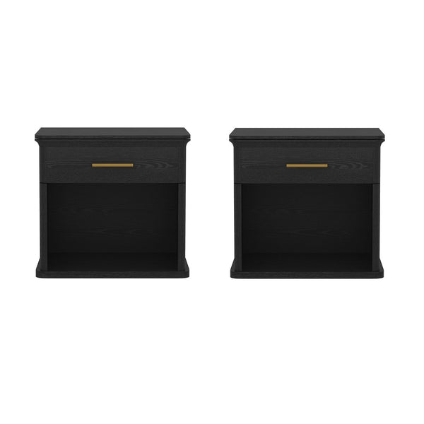English Elm Nightstand with Open Shelf Single Drawer Modern Wood Grain Finish Bedroom Storage Black B365P504342