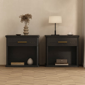 English Elm Nightstand with Open Shelf Single Drawer Modern Wood Grain Finish Bedroom Storage Black B365P504342