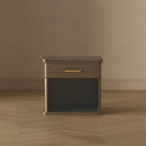 English Elm Nightstand with Open Shelf Single Drawer Modern Wood Grain Finish Bedroom Storage Walnut B365P504343