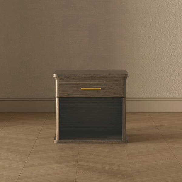 English Elm Nightstand with Open Shelf Single Drawer Modern Wood Grain Finish Bedroom Storage Walnut B365P504343