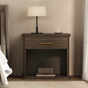 English Elm Nightstand with Open Shelf Single Drawer Modern Wood Grain Finish Bedroom Storage Walnut B365P504343