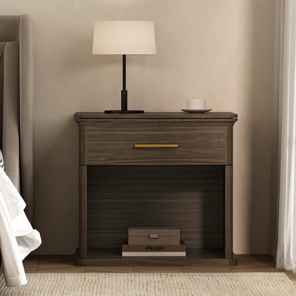 English Elm Nightstand with Open Shelf Single Drawer Modern Wood Grain Finish Bedroom Storage Walnut B365P504343