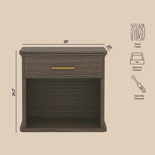 English Elm Nightstand with Open Shelf Single Drawer Modern Wood Grain Finish Bedroom Storage Walnut B365P504343