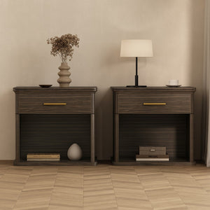 English Elm Nightstand with Open Shelf Single Drawer Modern Wood Grain Finish Bedroom Storage Walnut B365P504343
