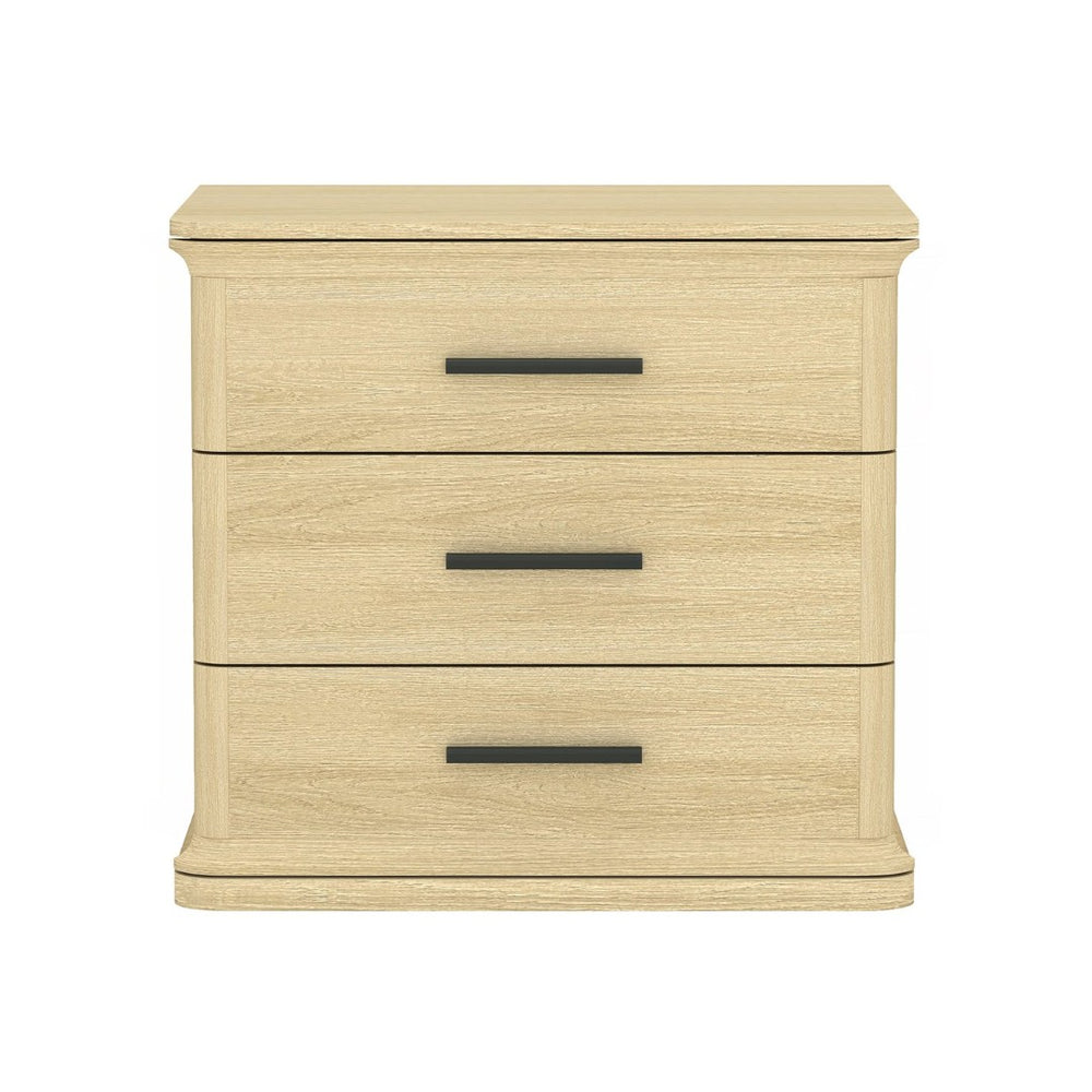 English Elm Nightstand with Three Drawers in Warm Wood Grain Laminate for Modern Bedroom Storage Oak B365P504344