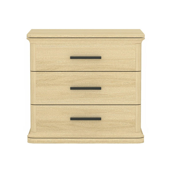 English Elm Nightstand with Three Drawers in Warm Wood Grain Laminate for Modern Bedroom Storage Oak B365P504344