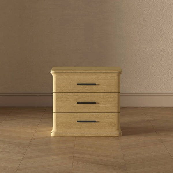 English Elm Nightstand with Three Drawers in Warm Wood Grain Laminate for Modern Bedroom Storage Oak B365P504344