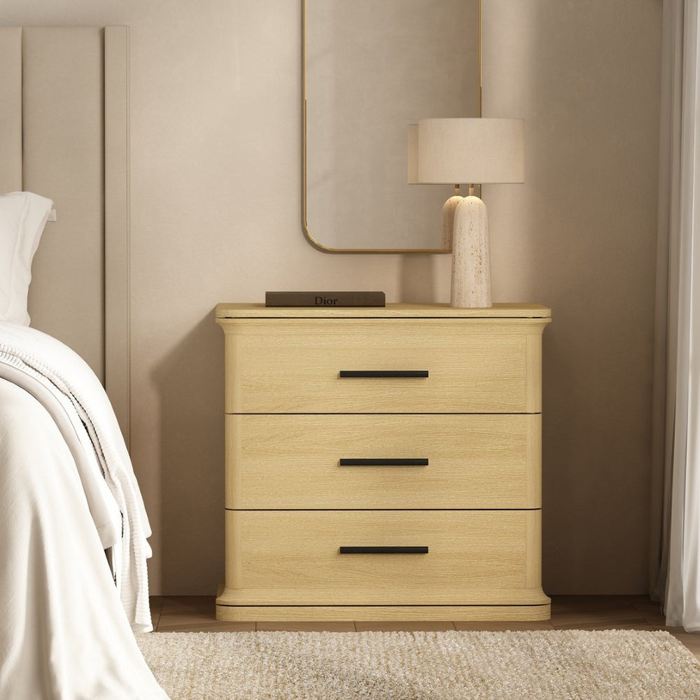 English Elm Nightstand with Three Drawers in Warm Wood Grain Laminate for Modern Bedroom Storage Oak B365P504344