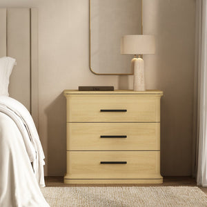 English Elm Nightstand with Three Drawers in Warm Wood Grain Laminate for Modern Bedroom Storage Oak B365P504344