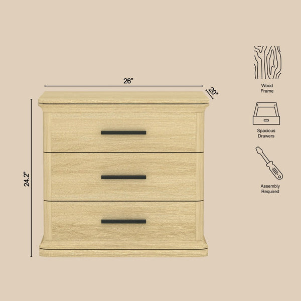 English Elm Nightstand with Three Drawers in Warm Wood Grain Laminate for Modern Bedroom Storage Oak B365P504344