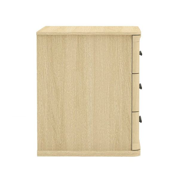 English Elm Nightstand with Three Drawers in Warm Wood Grain Laminate for Modern Bedroom Storage Oak B365P504344