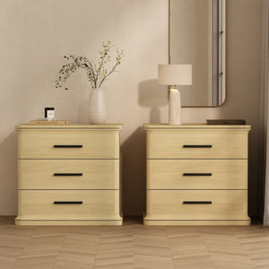 English Elm Nightstand with Three Drawers in Warm Wood Grain Laminate for Modern Bedroom Storage Oak B365P504344