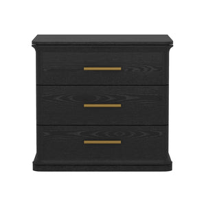 English Elm Nightstand with Three Drawers in Warm Wood Grain Laminate for Modern Bedroom Storage Black B365P504345
