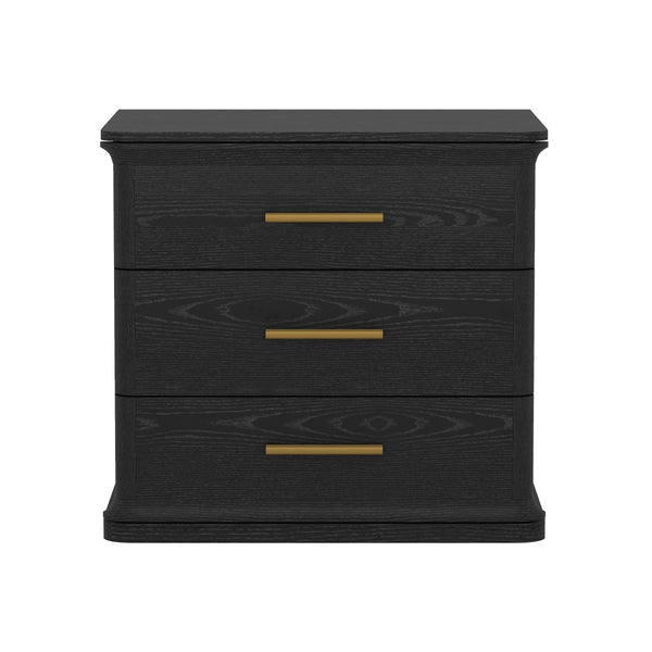 English Elm Nightstand with Three Drawers in Warm Wood Grain Laminate for Modern Bedroom Storage Black B365P504345