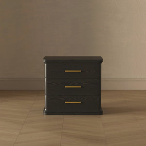 English Elm Nightstand with Three Drawers in Warm Wood Grain Laminate for Modern Bedroom Storage Black B365P504345