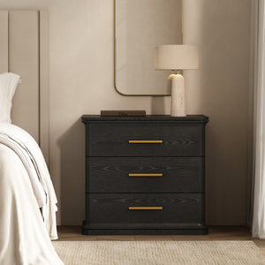 English Elm Nightstand with Three Drawers in Warm Wood Grain Laminate for Modern Bedroom Storage Black B365P504345