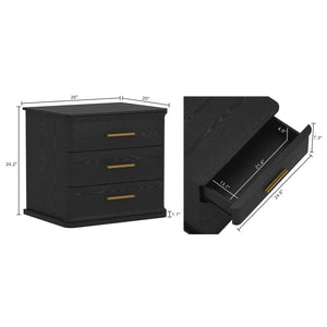English Elm Nightstand with Three Drawers in Warm Wood Grain Laminate for Modern Bedroom Storage Black B365P504345