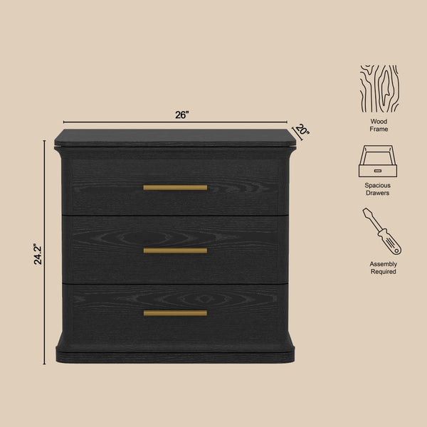 English Elm Nightstand with Three Drawers in Warm Wood Grain Laminate for Modern Bedroom Storage Black B365P504345