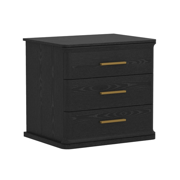 English Elm Nightstand with Three Drawers in Warm Wood Grain Laminate for Modern Bedroom Storage Black B365P504345