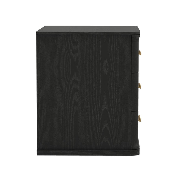 English Elm Nightstand with Three Drawers in Warm Wood Grain Laminate for Modern Bedroom Storage Black B365P504345