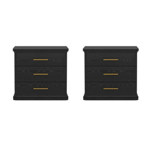 English Elm Nightstand with Three Drawers in Warm Wood Grain Laminate for Modern Bedroom Storage Black B365P504345